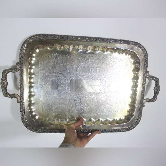Large Butler’s Tray Silver Plated Rectangular Flower Detail Platter Vintage - Picture 2 of 9
